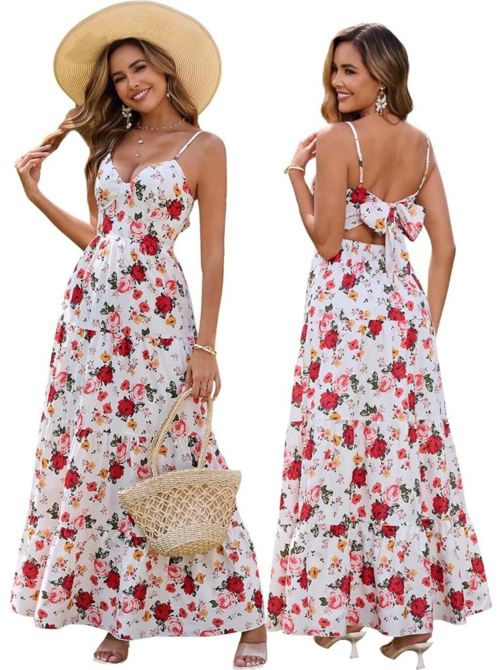 Women's Rose Boho Floral Maxi V-Neck Backless Tie Strap Flowy Sundress